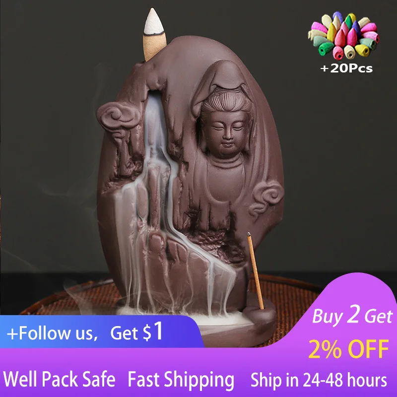 

Creative purple sand smoke incense burner Guanyin Bodhisattva high mountains, flowing water, waterfalls, backflow incense burner