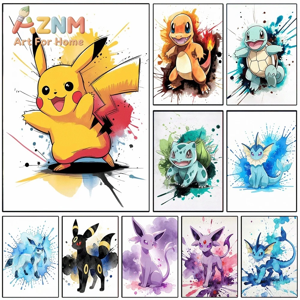 2D Flat Posters & Prints,Pikachu Splash Ink Canvas Wall Art,2D Flat Frameless Anime Monster Print,Home Decor for Kids Bedroom