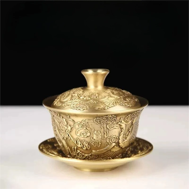 Collection de bols vintage en laiton gaufré Dragon Phénix, ustensile de préparation du thé Kung Fu pour la maison, cadeau artisanal pour les fêtes