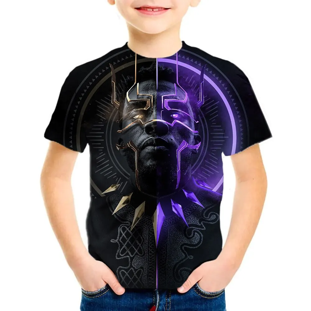 2024 New Kids Black Panther 3D Printed T-shirt Top Summer Boys and Girls Street Fashion Comfortable Short Sleeve