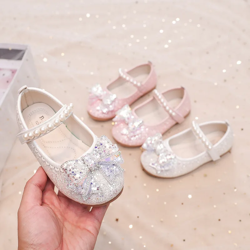 Fashion Crystal Sequins Bow Tie Kids Princess Dance Party Shoes Children's Dresses Shoe