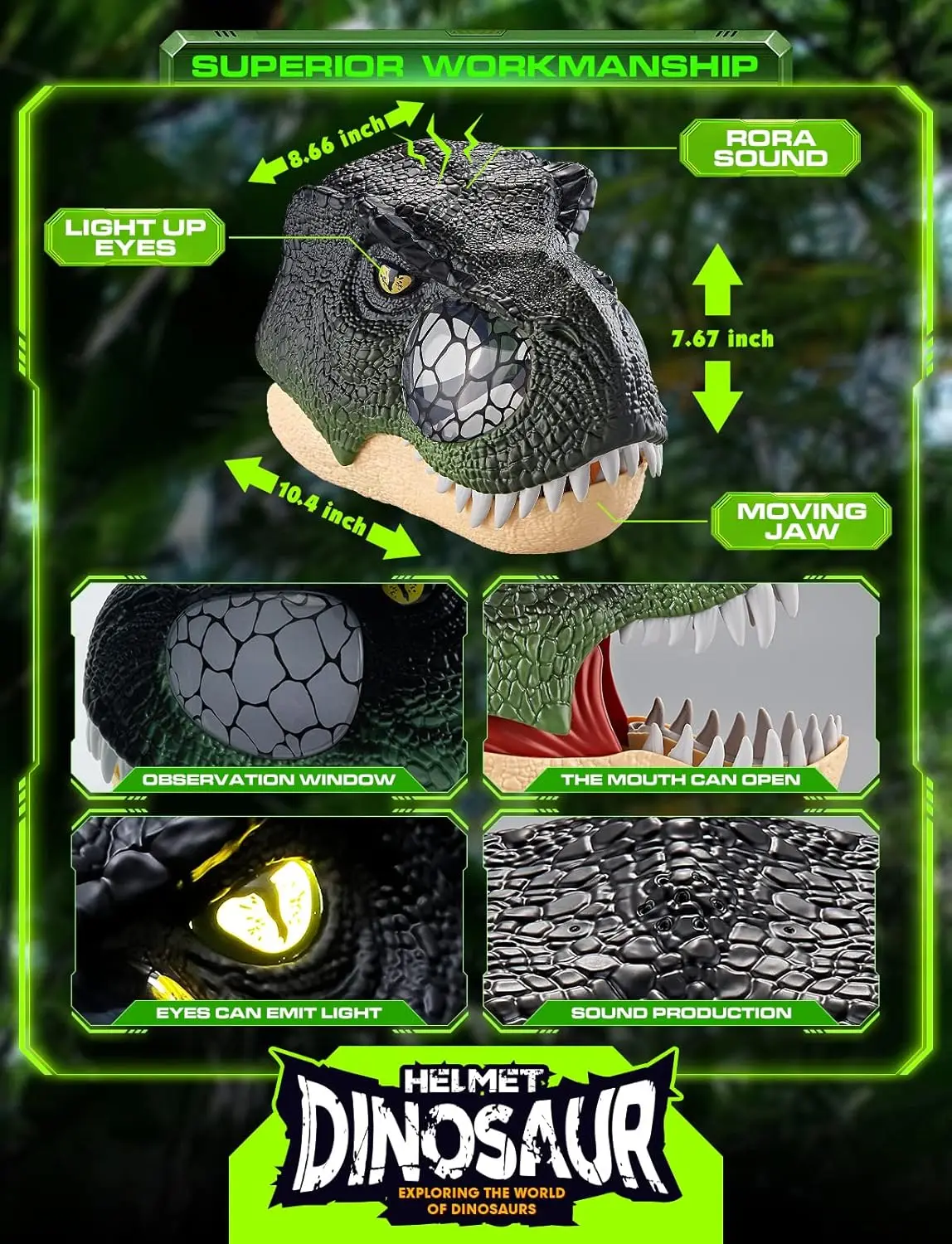 Dinosaur Mask for Halloween Tyrannosaurus Roar with Motion and Sounds and LED Eyes, T Rex Costume for Kids or adults Role-Play