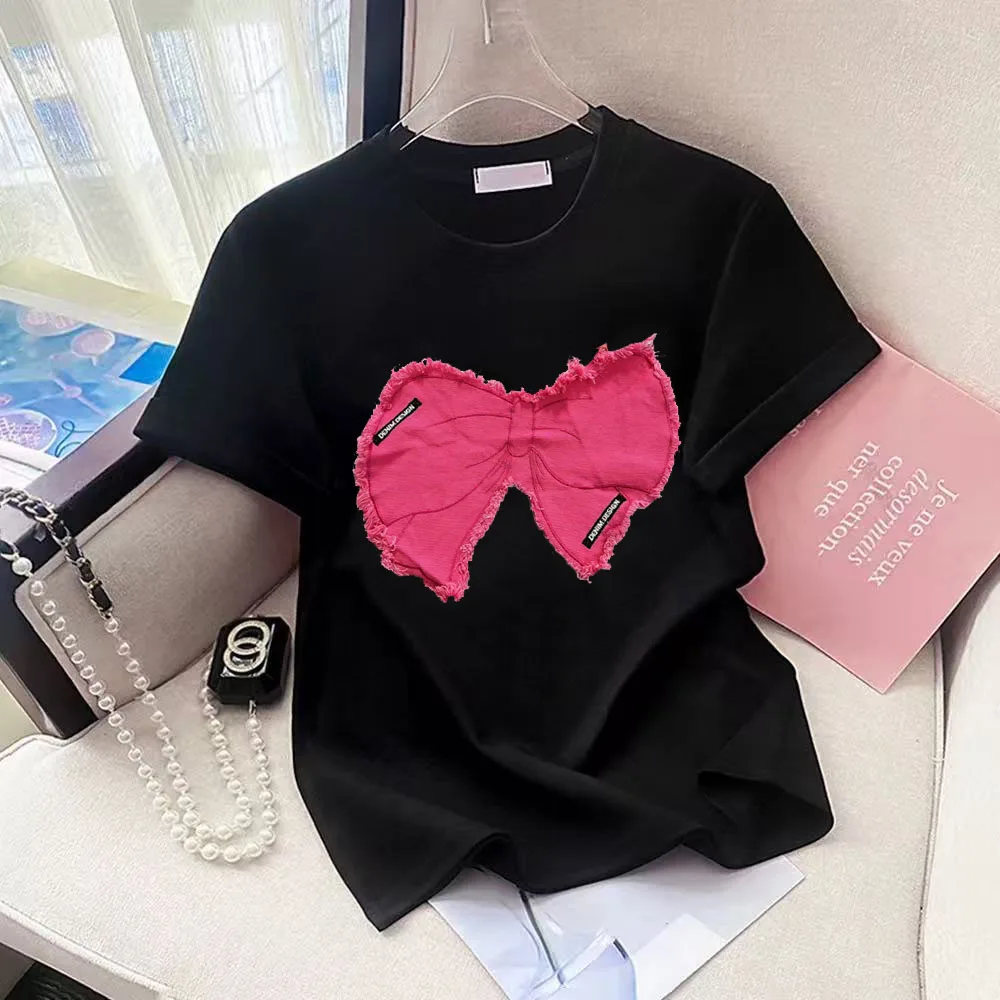 

Розово-красная джинсовая футболка с галстуком-бабочкой и круглым вырезом, свободная футболка с короткими рукавами, новинка 2025, дизайн с половиной рукавов, ниша, лето