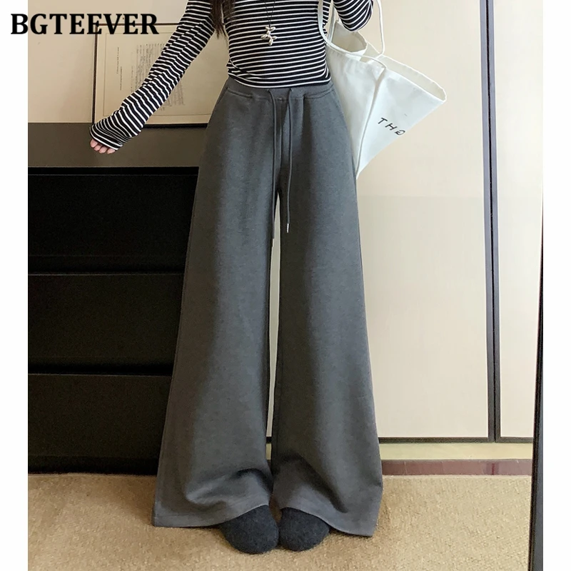 

BGTEEVER Autumn Winter Fashion High Waist Lace-up Wide Leg Trousers for Women Stylish Loose Female Drawstring Straight Pants