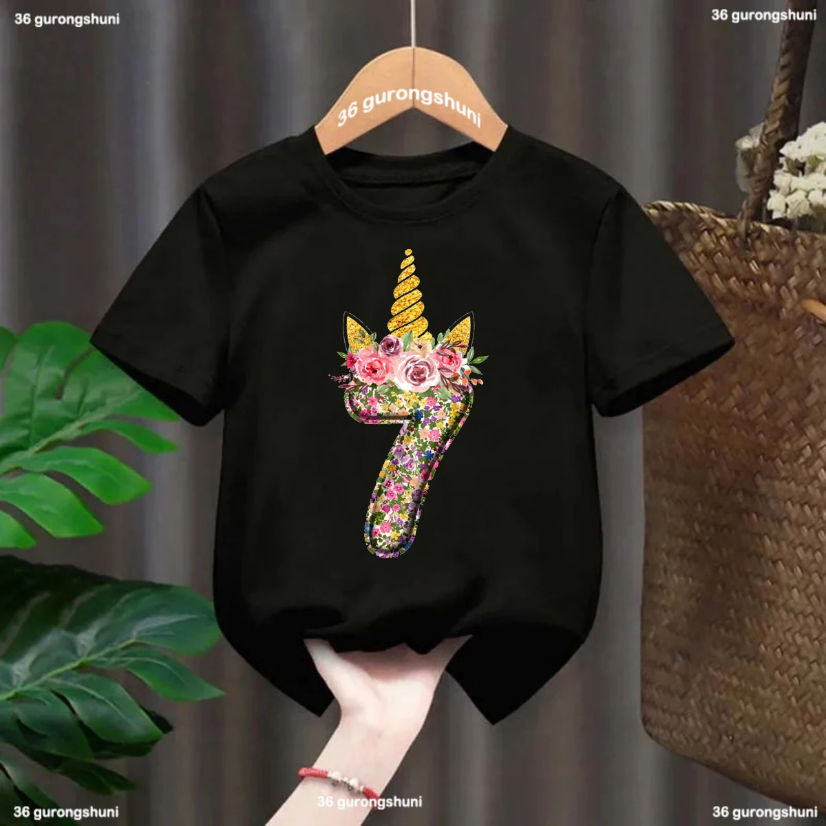 New Colorful Flowers Unicorn T Shirt Birthday Present Number 6 7 8 9 10 T-Shirt Little Girls Kids Clothes Short Sleeve Baby Tops