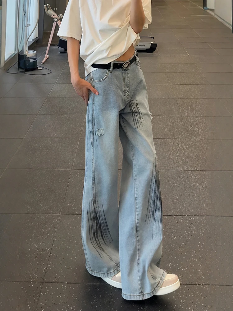 

Cleanfit Men's Spray Ink Dyed Hole Micro Flared Jeans American High Street Vibe Straight Leg Wide Leg Knife Pants
