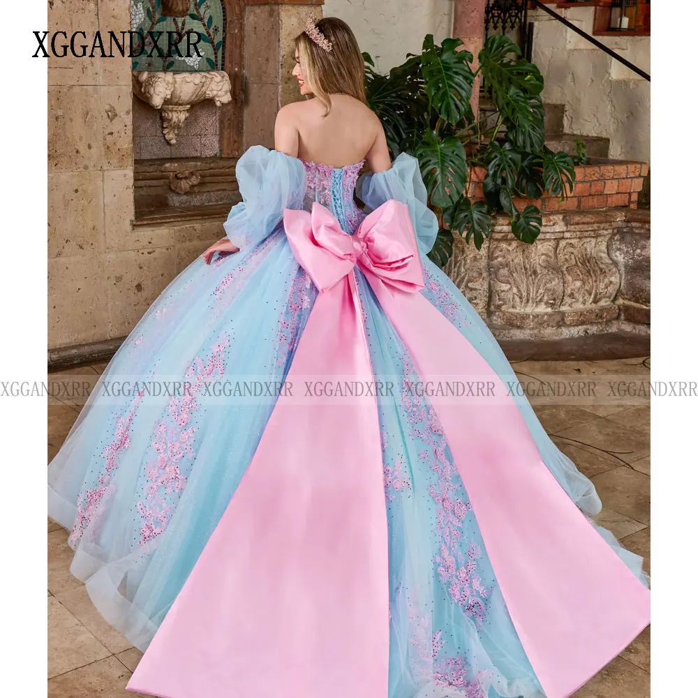 

Новинка в платьях Quinceanera 2025 Небесно-голубое платье с бантом и цветочными бусинами из тюля с пышными рукавами Вечернее платье для детей 16 лет Vestidos De 15 Sweet