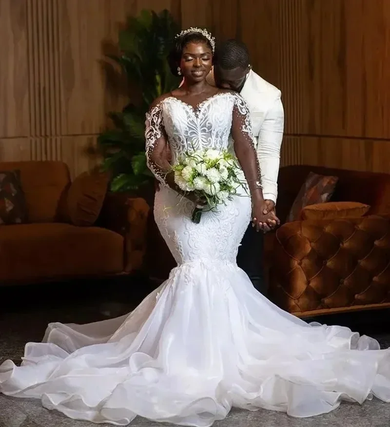 

Свадебное платье русалки с круглым вырезом и аппликацией по индивидуальному заказу, с длинными рукавами, Vestido De Casamento Aso Ebi, женское свадебное платье