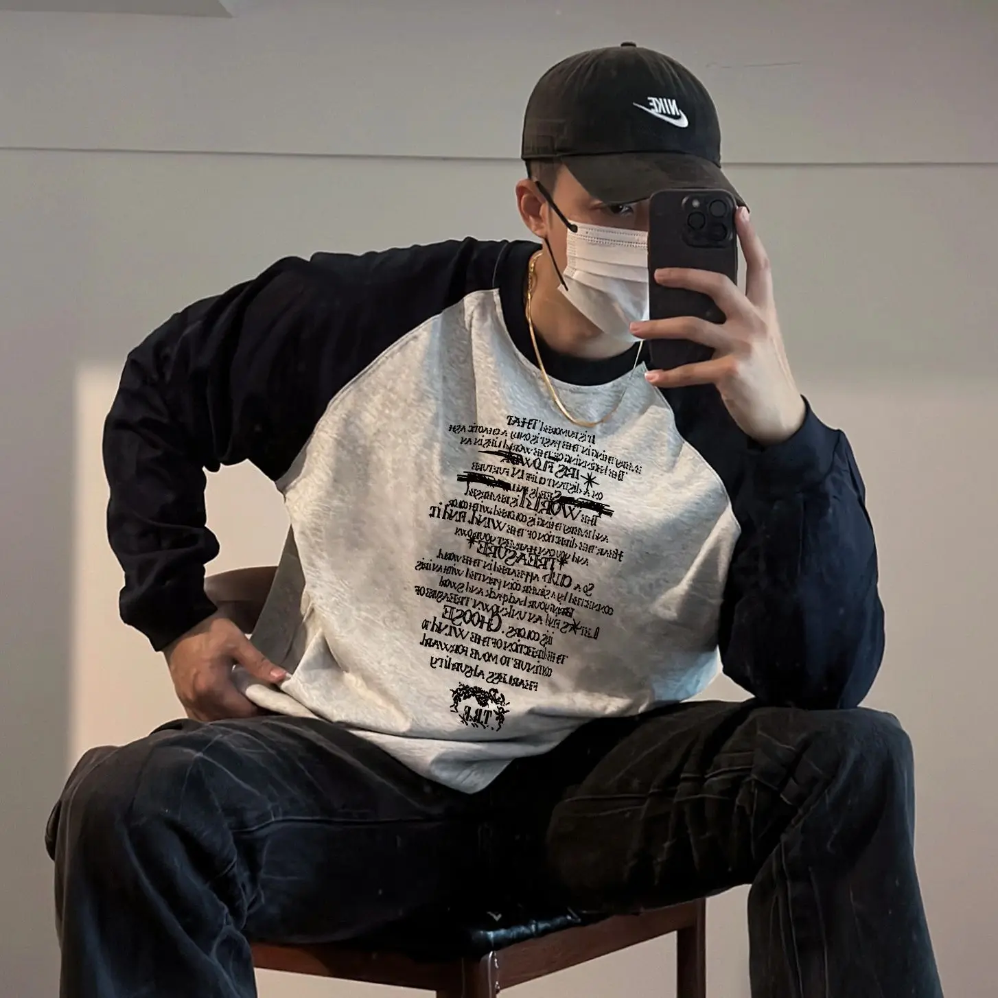 

Foufurieux American High Street Trendy Cotton O-neck Patchwork Letter Printed T-shirt Men Tops Loose Casual Long Sleeve Top
