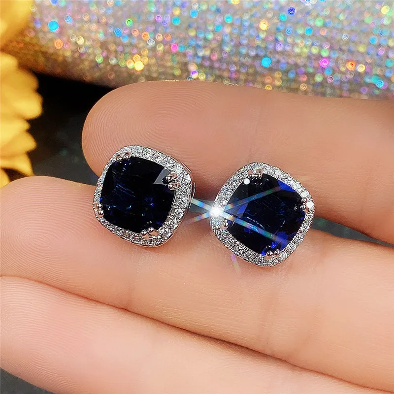 4pcs Creative Women Imitation Sapphire Jewelry Set Crystal Cute Square Retro Necklace Earring Ring for Women Wedding Jewelry