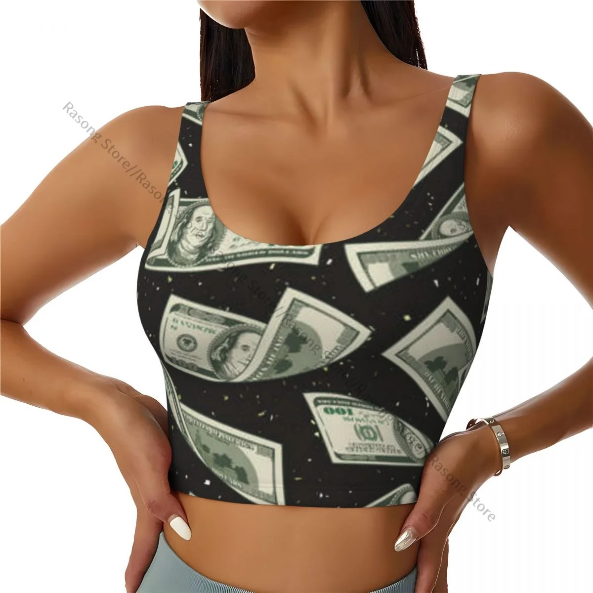 Women Sexy Sports Vest One Hundred US Dollar Bills Pattern Female Streetwear Sport Lingerie Tee Crop Top