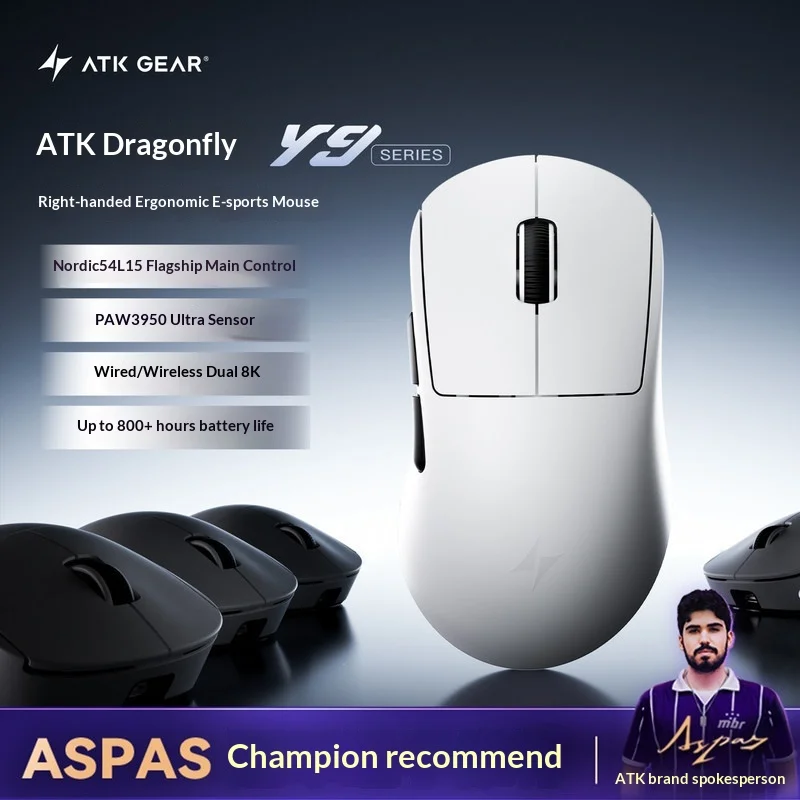 ATK GEAR Wireless Esports Mouse Dragonfly Y9 Right Hand Ergonomic PAW3950Ultra Sensor Dual 8K 800H Battery For Valorant Gamers