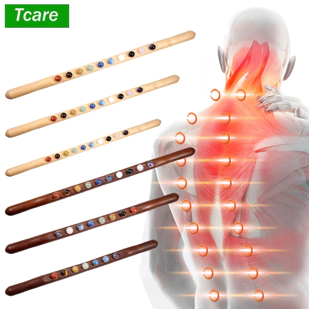 

Tcare Gua Sha Massage Stick 10 Jade Stone Beads Back Neck Meridian Dredging Body Scraping Wooden Massage Tool Gua Sha Therapy