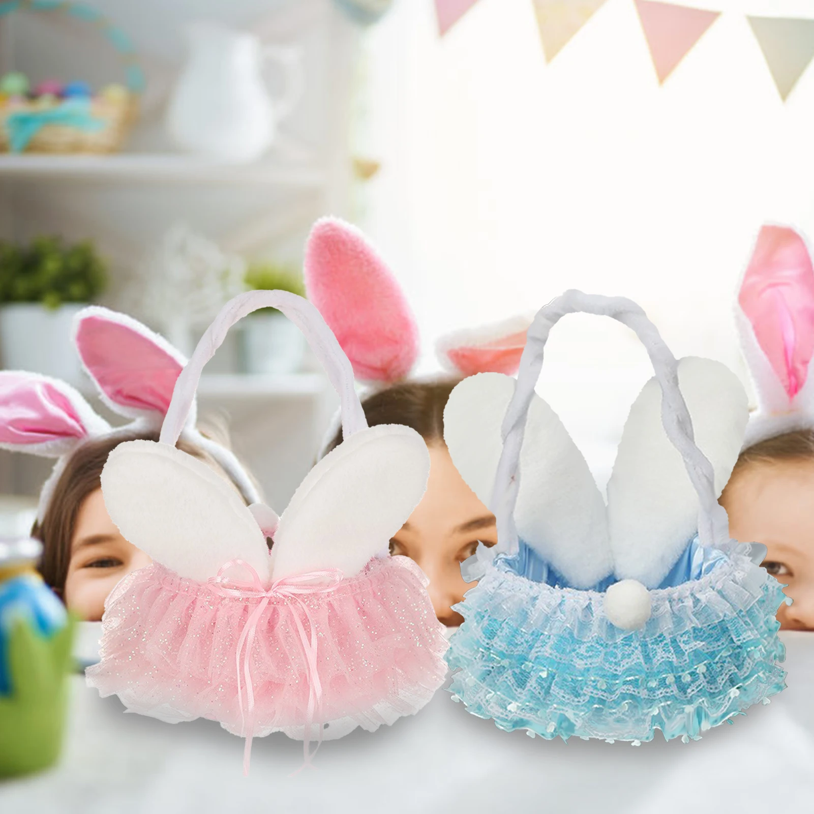 1pcs Easter children's hand-held basket with cute rabbit flower basket ear design Easter Basket  for Home Easter Wedding Decor