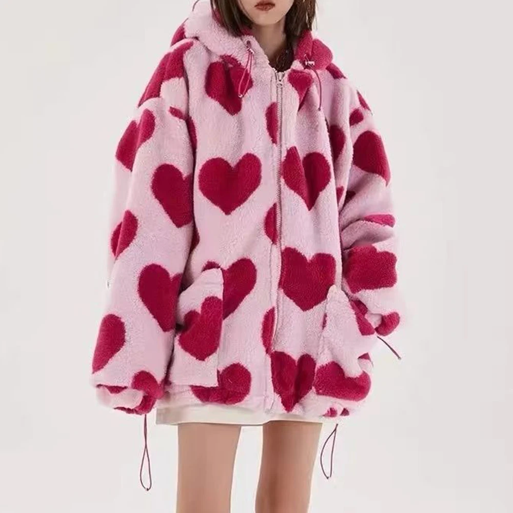 

Rabbit Fur Love Peach Print Jacket Hooded Loose Ankela Red Female Korean Version Couple Thickened Cotton