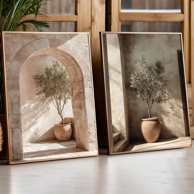 Mediterranean Olive Tree Archway Poster Italian Landscape Rustic Botanical Canvas Painting Print Wall Art Kitchen Home Decor