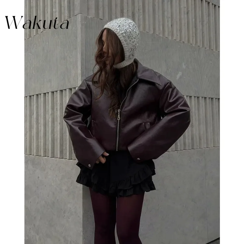 WAKUTA Fashion Classic Lapel Zipper Leather Jacket American Casual Long-sleeved Retro Leather Jacket Coat Streetwear Women Coats