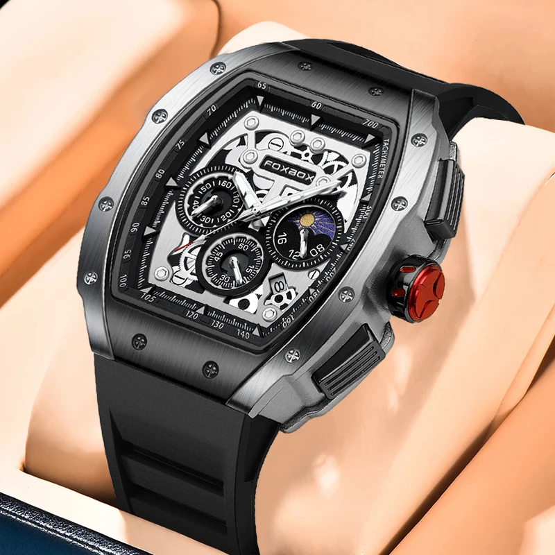 FOXBOX Men Watch Fashion Silicone Waterproof Square Chronograph Quartz Wristwatch For Men Top Brand Luxury Military Watch Men
