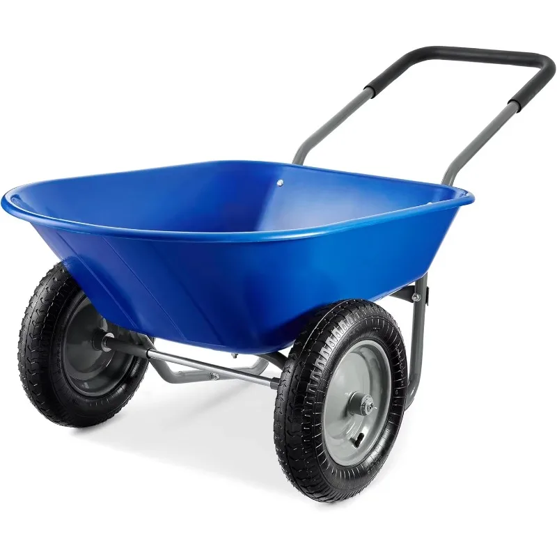 Best Choice Products Dual-Wheel Home Utility Yard Wheelbarrow Garden Cart w/Built-in Stand for Lawn,Gardening,Construction, Blue