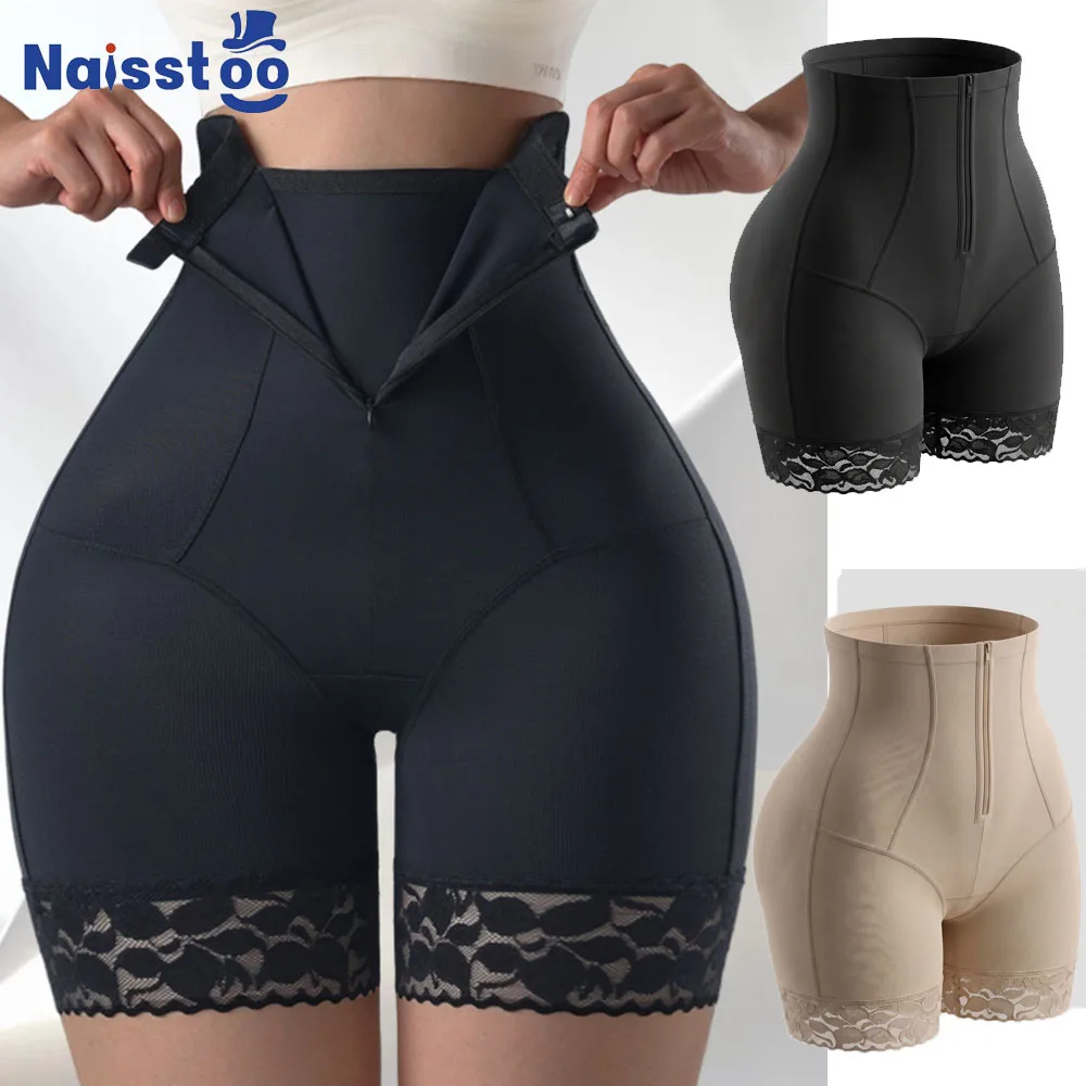 Damen High-Waist Shapewear-Shorts mit Einzelreißverschluss, Starker Kompression und Spitze, Bauchkontrolle und Schlankheits-Effekt