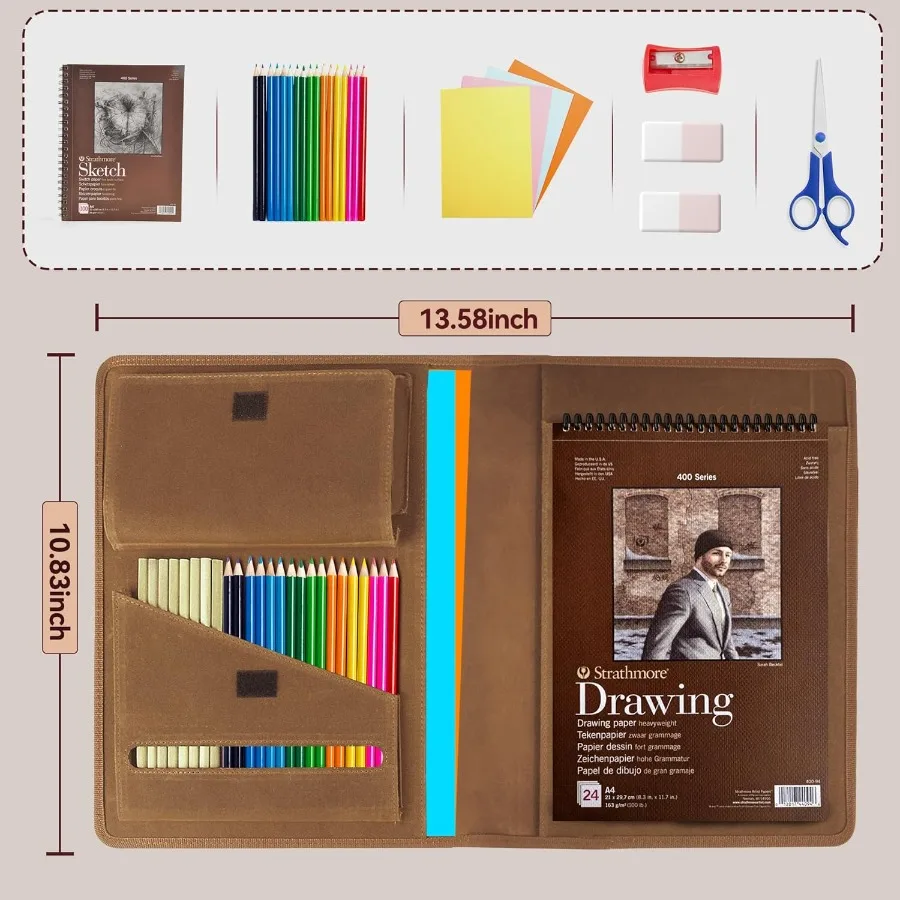 Funda de cuaderno de bocetos de lona encerada con portalápices incorporado para viajes y dibujos al aire libre, se adapta a cuaderno de bocetos de 9x12 y Spira de 8,5x11
