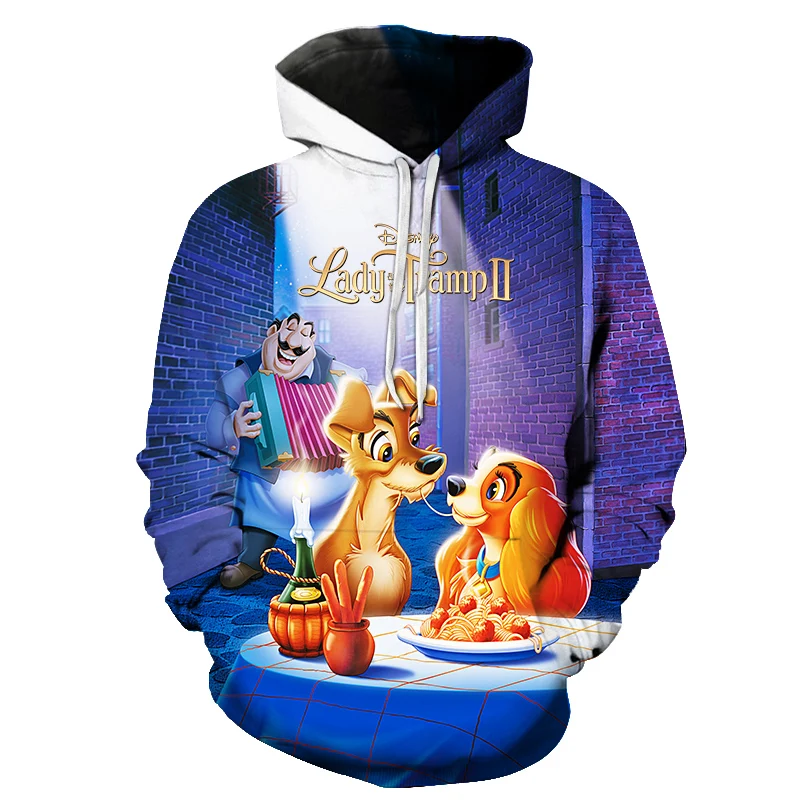 Disney-Sweats à capuche à manches longues Lady and the Tramp pour hommes et femmes, Streetwear décontracté, Hip Hop, PVD, Garçon