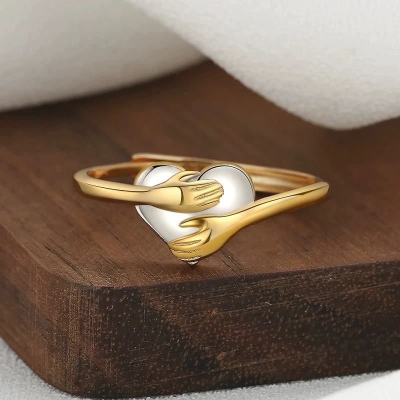 Creative Two Tone Hug Ring Double Heart Embrace Design Open Adjustable Finger Couple Jewelry For Women
