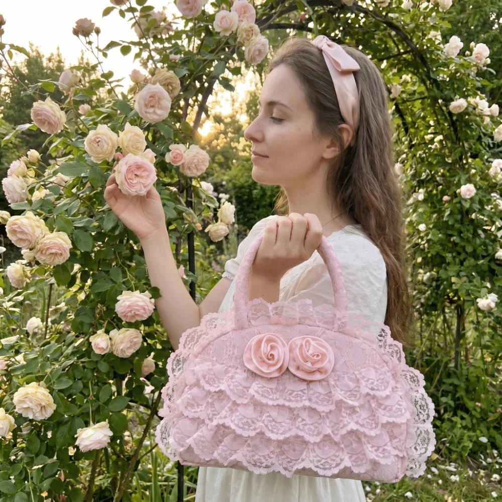 Polyester Material Ruffled Lace Handbag Multilayer Zipper Closure Lolita Bag Spacious Interior 3D Fabric Rose Small Tote Bag