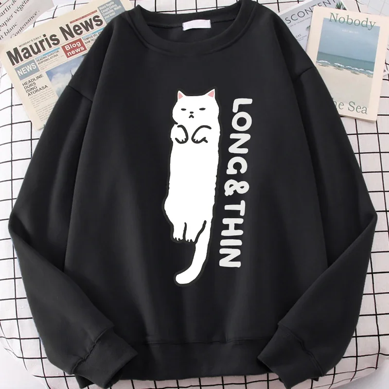 

Fun Slender White Cat Cute Print Cartoons Hoodie Men Women Fashion Prints Sweatshirt Crewneck Loose Sportswears Autumn Hoody