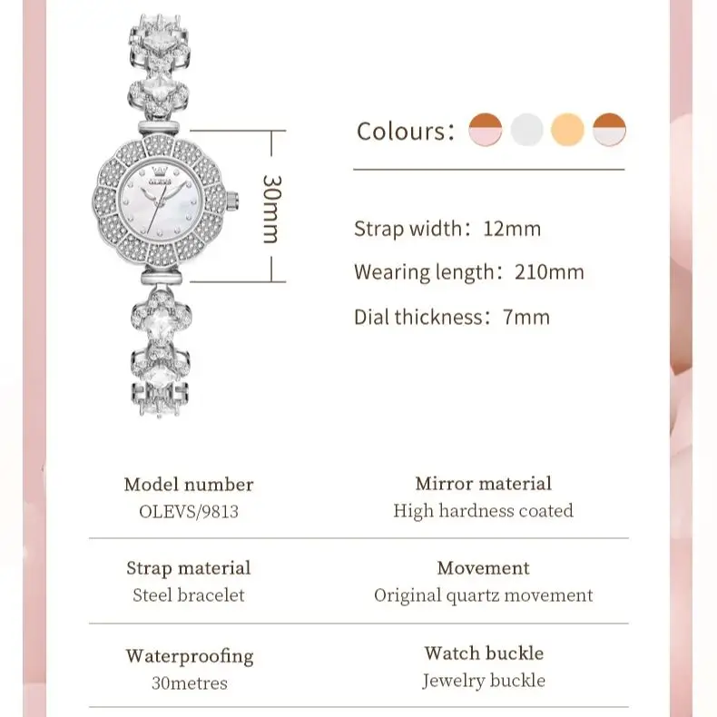 OLEVS 9813 우아한 다이아몬드 여성용 시계, 최고 럭셔리 브랜드, 방수 쿼츠 시계, 캐주얼 패션, 로즈 골드 오리지널 여성용 시계