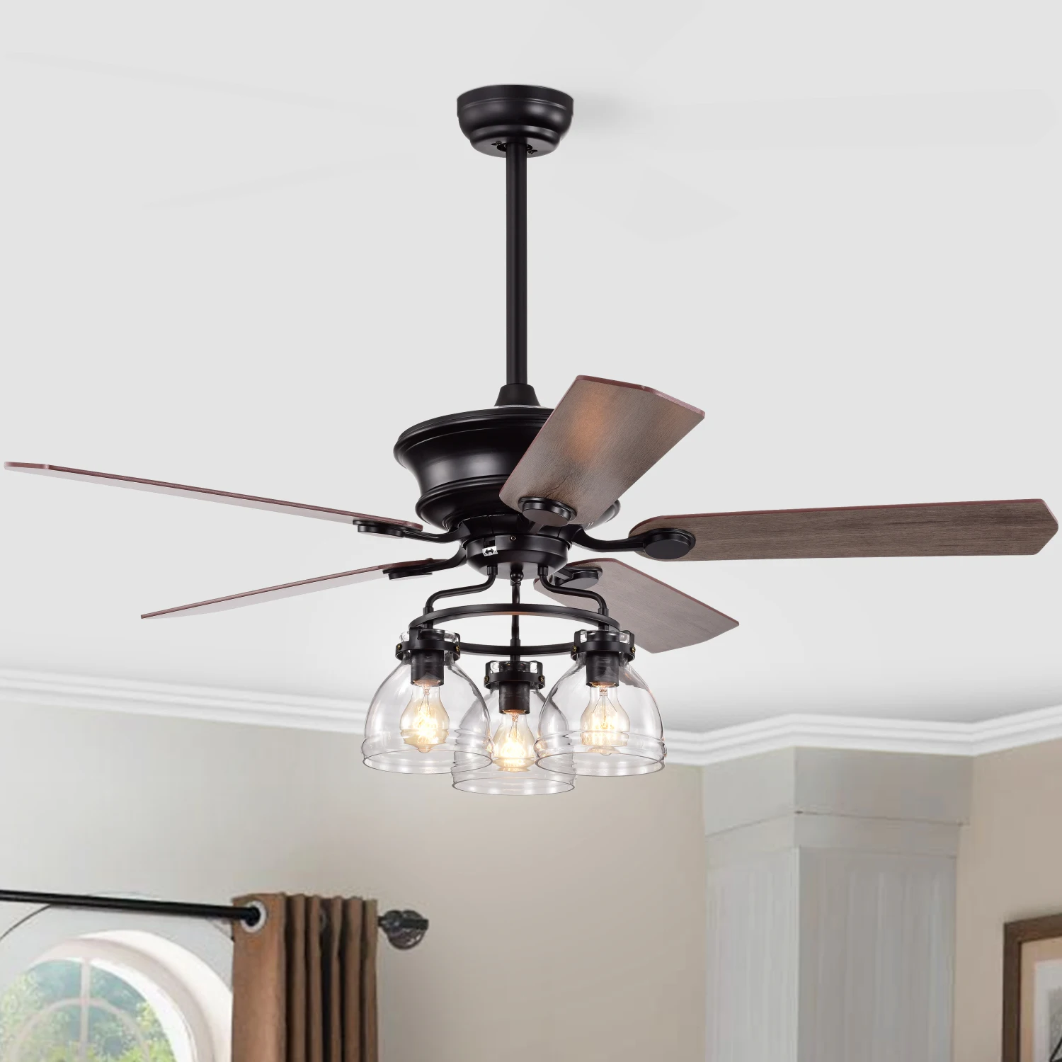 52-in Farmhouse Glass Shade 5-Blade Reversible Ceiling Fan with Light Kit and Remote - 52 Inches For Bedroom ,Living Room--Matte