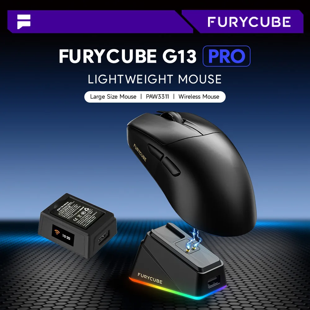 

Беспроводная Bluetooth-мышь FURYCUBE G13PRO с подсветкой, для киберспортивных игр, сенсор PAW3311, с зарядной базой