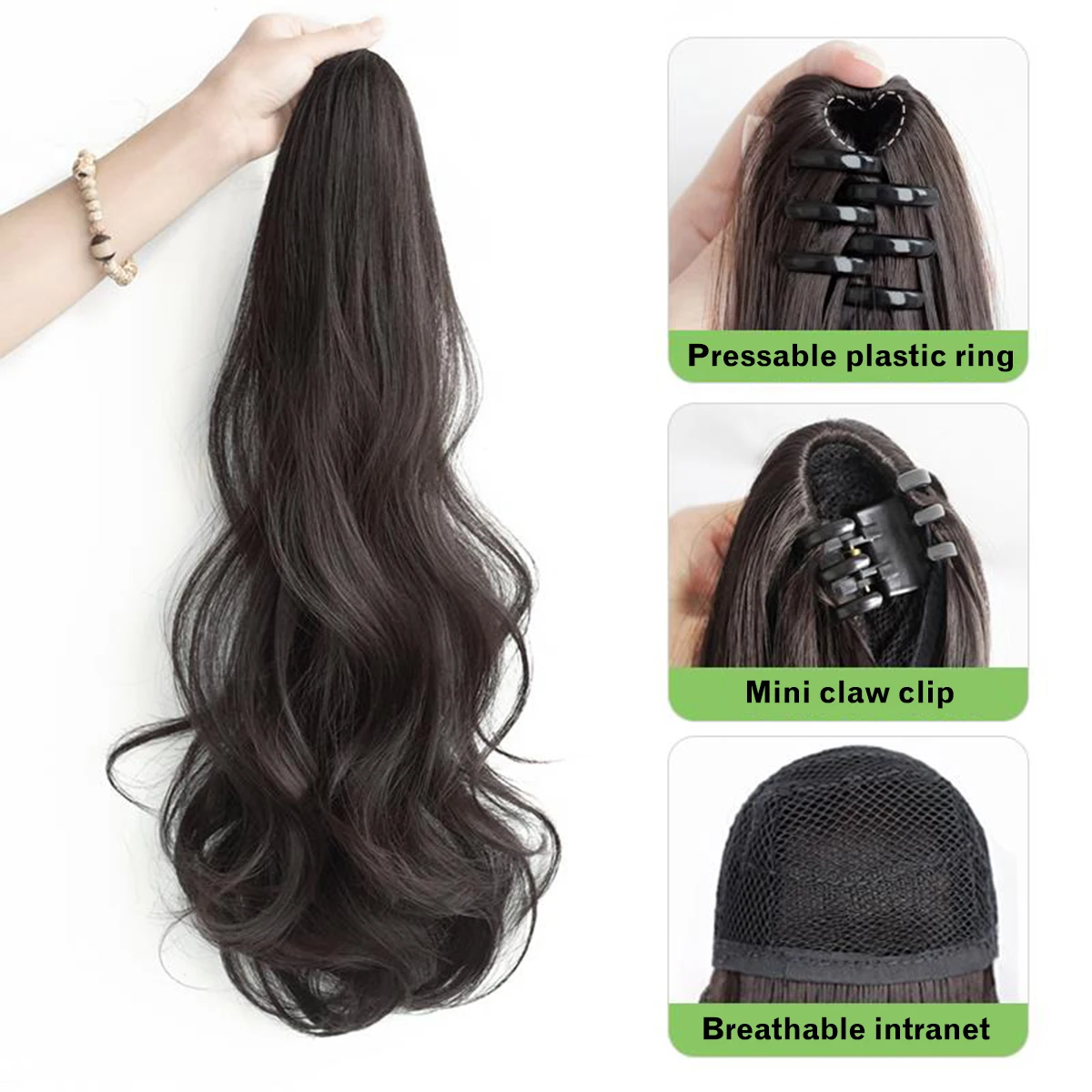 Klip Wig Ekor Kuda Klip Gelombang Besar Sintetis 18 Inci Pada Ekor Kuda Wanita Rambut Keriting Panjang Hitam Alami Pakaian Sehari-hari