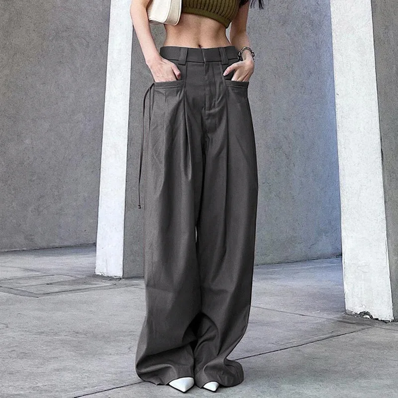 Y2k Spring And Autumn Ins Style Fashion Solid Color Loose Straight Pocket Casual Woven Pants Harajuku Street Hipster Trend New