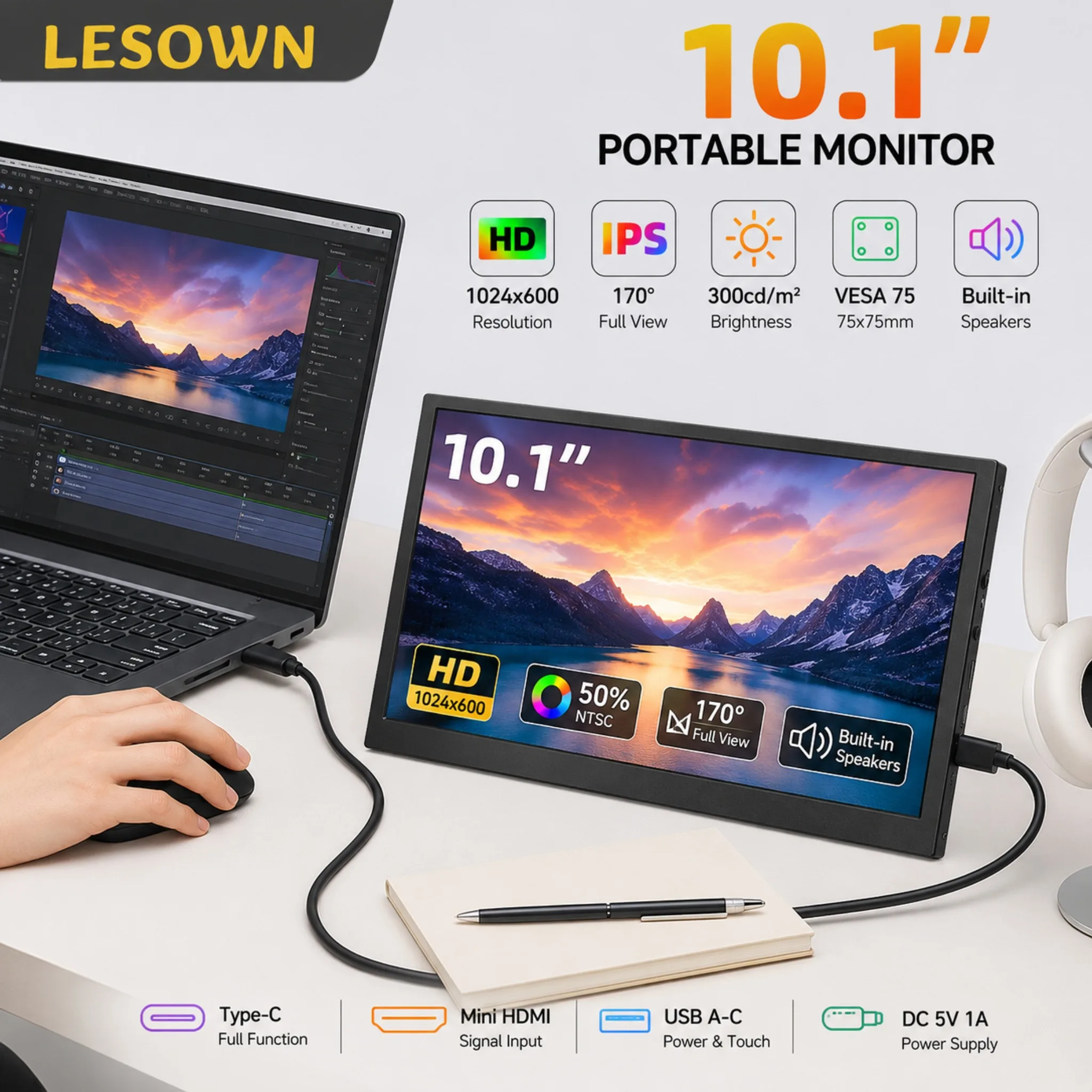 LESOWN External Network Cabinet Monitor 10.1" 16:10 60Hz Metal Display Panel VESA 75 miniHDTV for Server Room Host PC