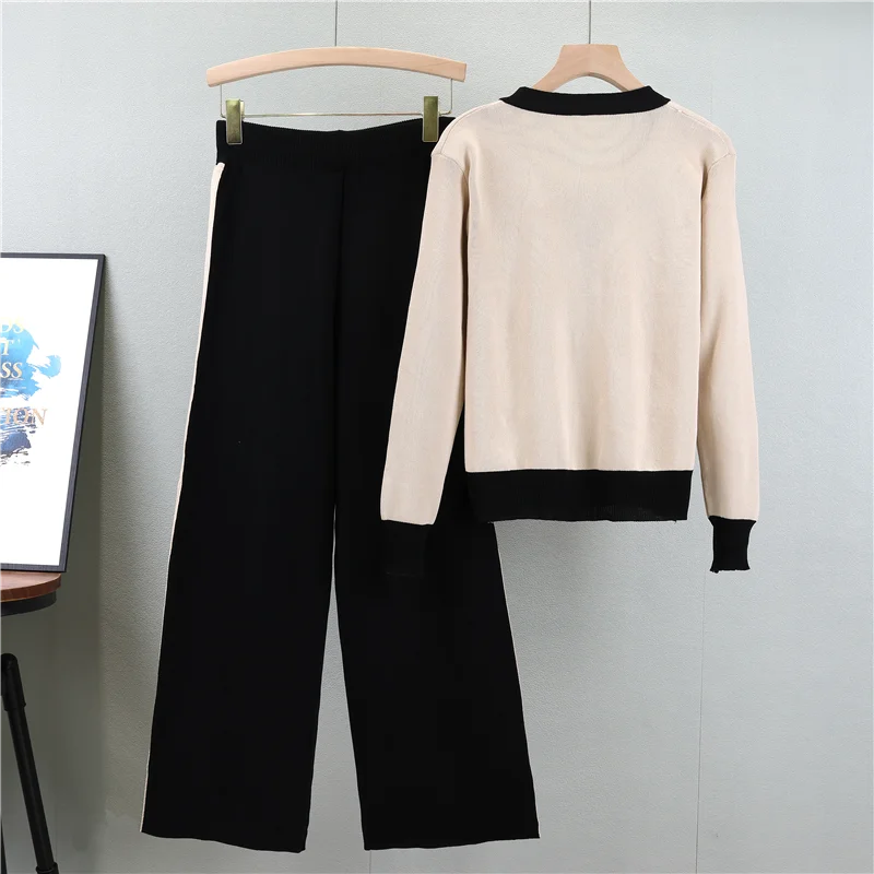 Women Knitting 2-Pieces Sweater Suit  V-neck Single-Breasted cardigan+Wide Leg Pants Lady Winter   Autumn Tracksuit Clothing