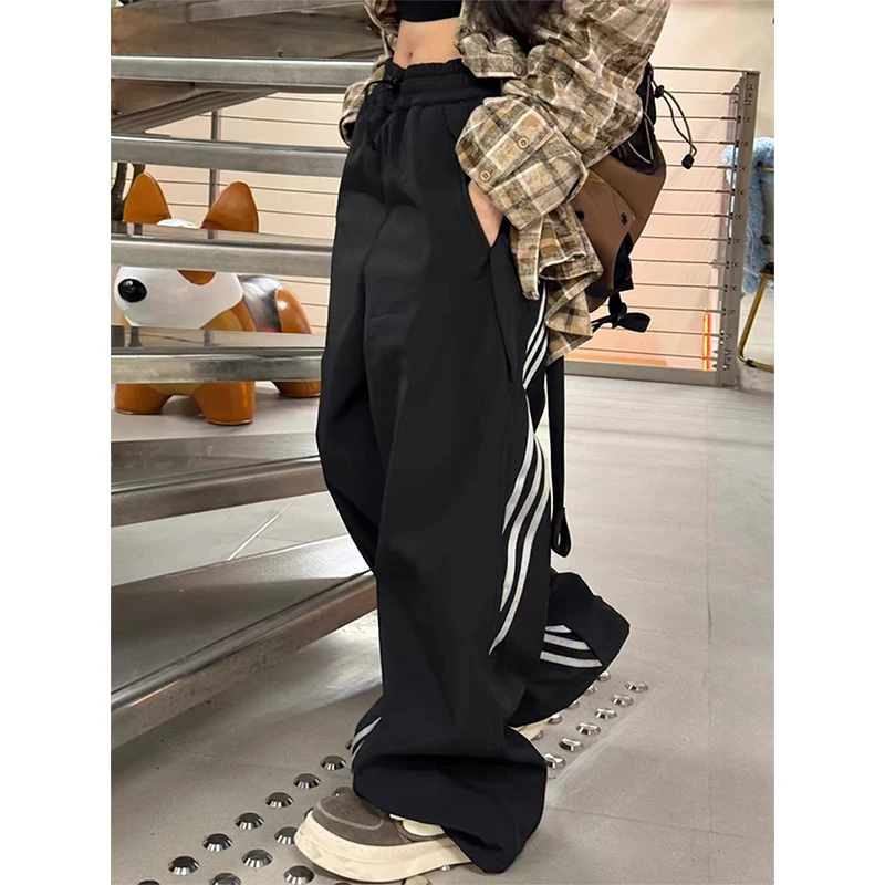 

Black Striped Sweatpants Women Y2k Oversized Cargo Pants Harajuku Streetwear Wide Leg Joggers Summer High Waist Baggy Trousers