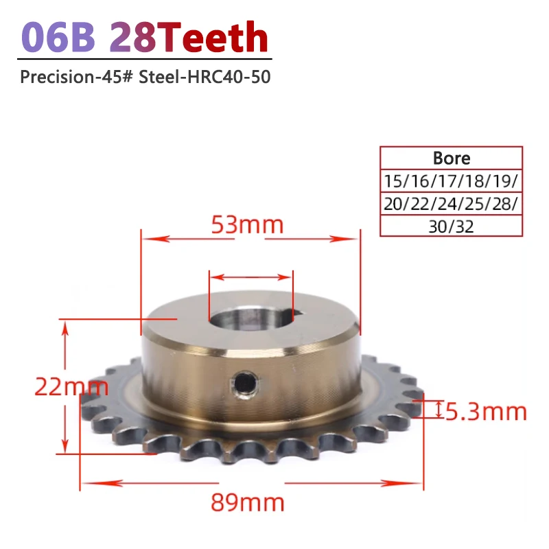 1pc 06B 28Teeth Precision Industrial Drive Sprocket Wheel 45# Steel Chain Gear Keyway Bore 15 16 17 18 19 20 22 24 25 28 30 32mm