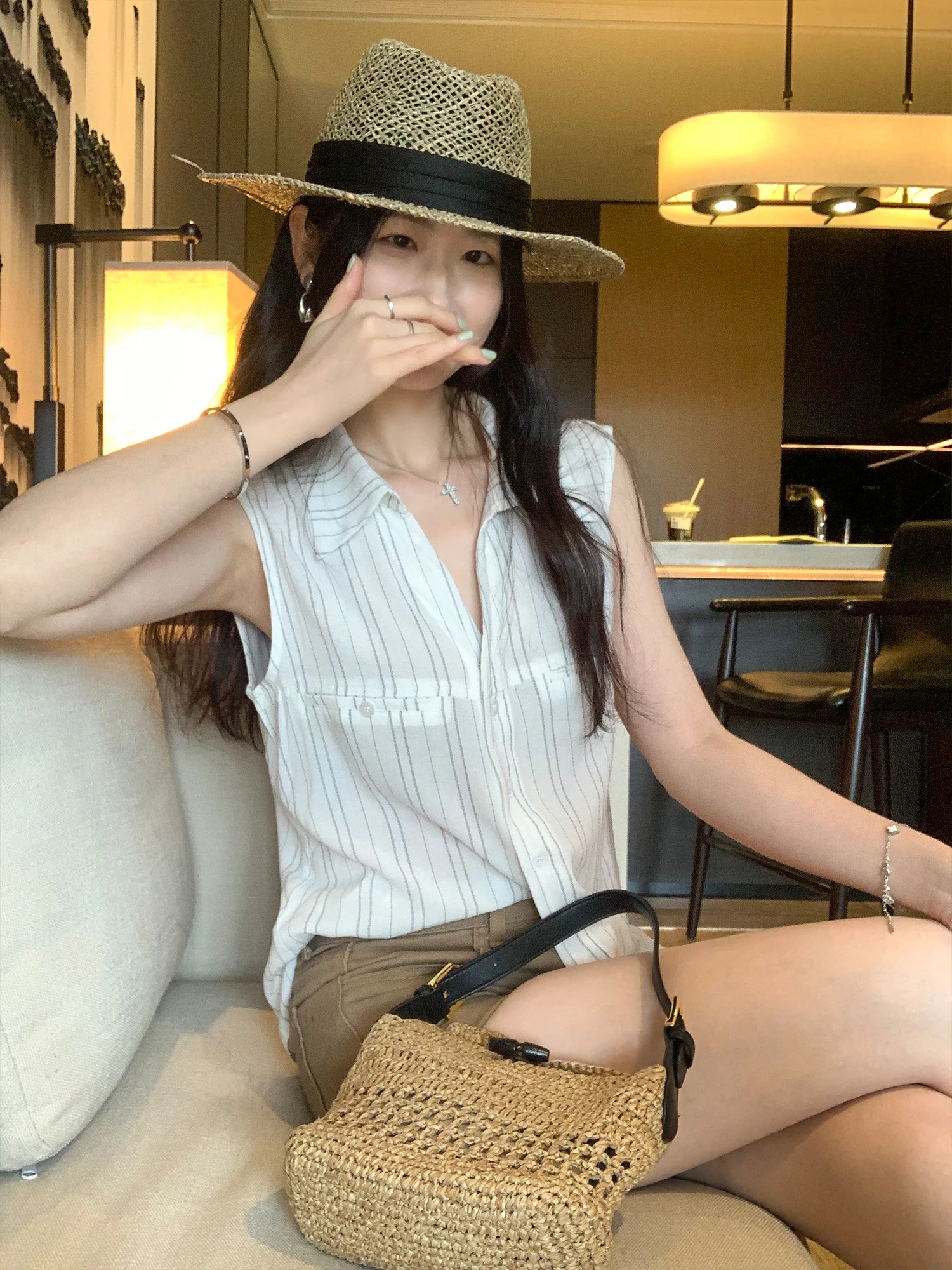 

Рубашка без рукавов в полоску с воротником в стиле ретро, ​​женская модная универсальная летняя рубашка прямого кроя в корейском стиле