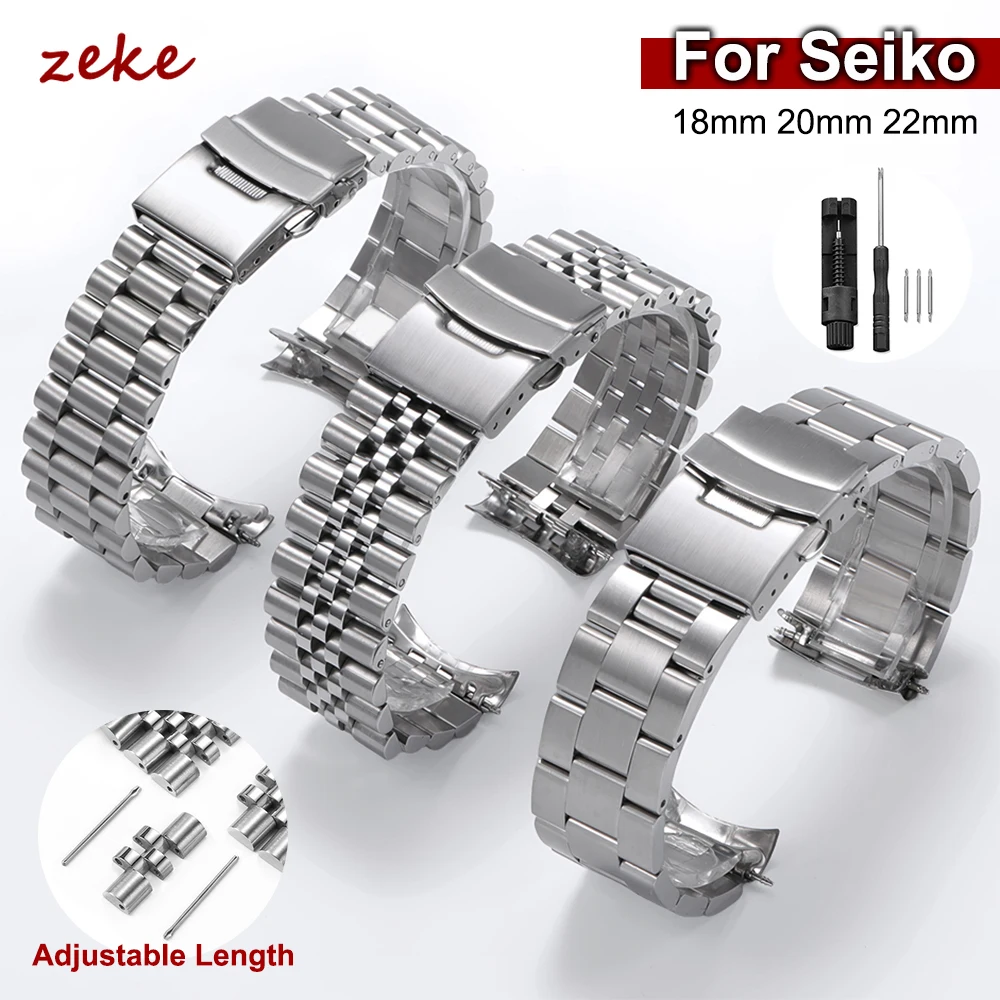 Pulseira de Relógio de Aço Inoxidável Sólido para Seiko 5 SKX007/009, para Jubilee e Oyster, 18mm 20mm 22mm, Pulseira de Relógio Esportiva Masculina com Extremidade Curvada