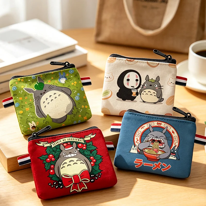 Totoro Coin Purse Cartoon Zipper Earphones Storage Bag Cute Anime Printed Square Purse Portable Key Handbag Wallet Card Holder