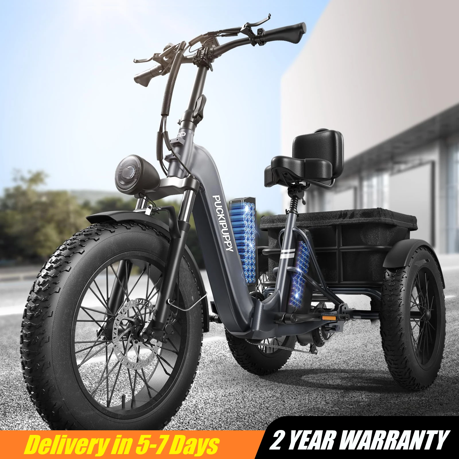 

PUCKIPUPPY Husky Plus Электрический трехколесный велосипед с дальностью действия 110 миль, 48 В/15 Ач и 17,4 Ач, съемные двойные батареи, 20-дюймовый электрический трехколесный велосипед с толстыми шинами