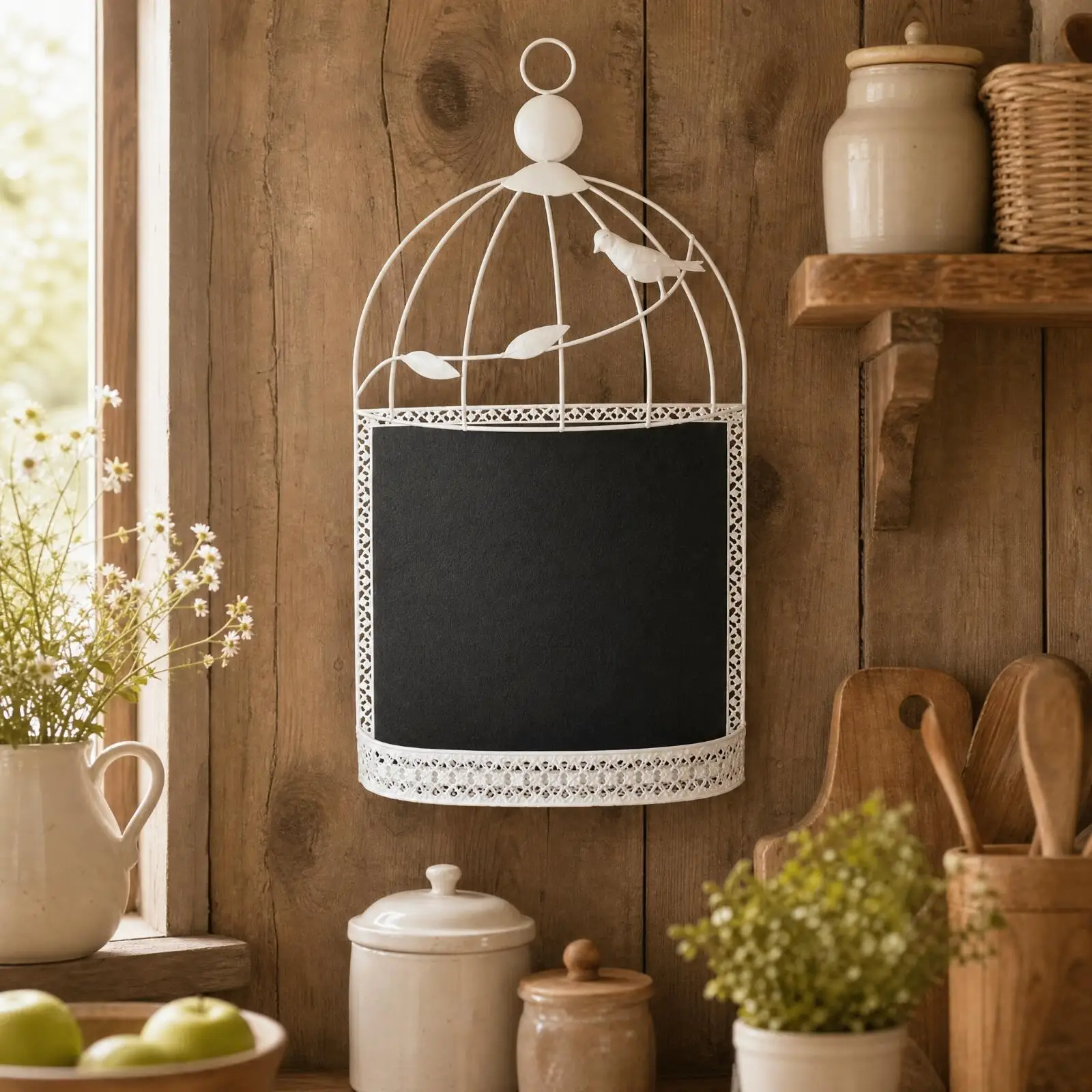 Hanging Birdcage Blackboard Iron Wall Decor with Lattice Design for Farmhouse Rustic Home Accent