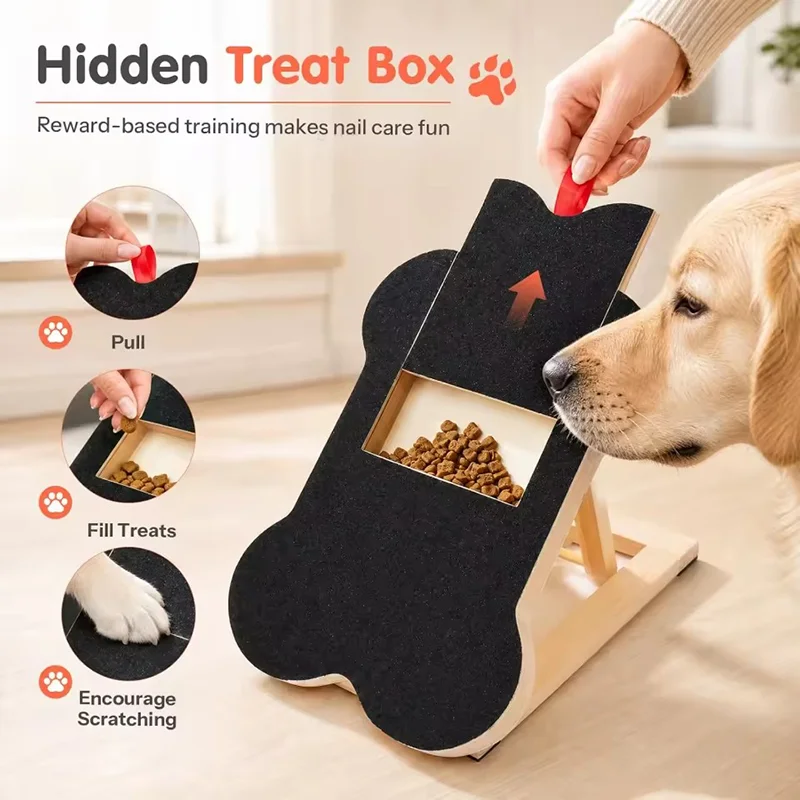 Wooden Dog Nail Scratch Board Interactive Grooming Tool with Pull out Hidden Treat Box Pet Nail File Paw Grinding Scratcher Pad