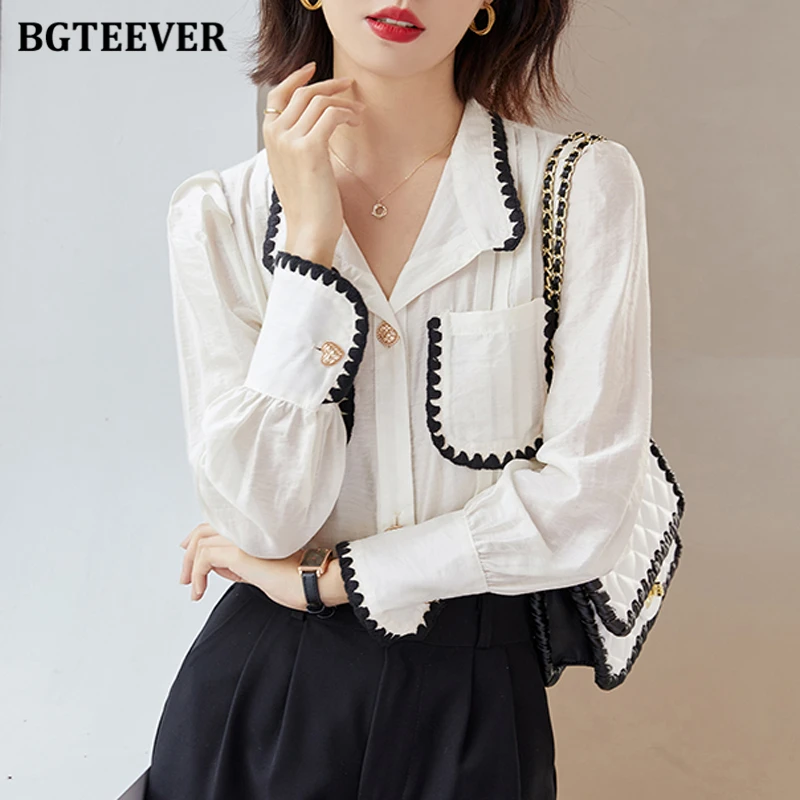 

BGTEEVER Stylish Lapel Women Patchwork Shirts Autumn Elegant Pockets Long Sleeve Loose Female Single-breasted Blouses Tops