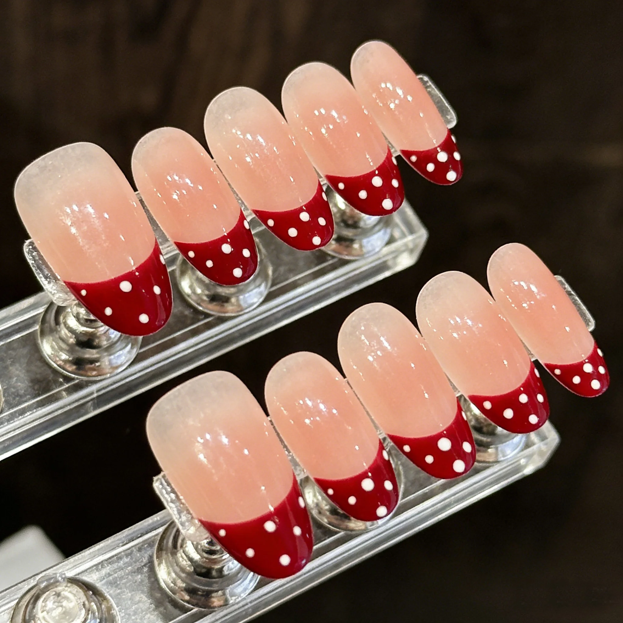 

10pcs Retro Wine Red Handmade Nails Polka Dot Sheer Press on Nail Short Oval Full Coverage Nail Tips for Women&Girl False Nail