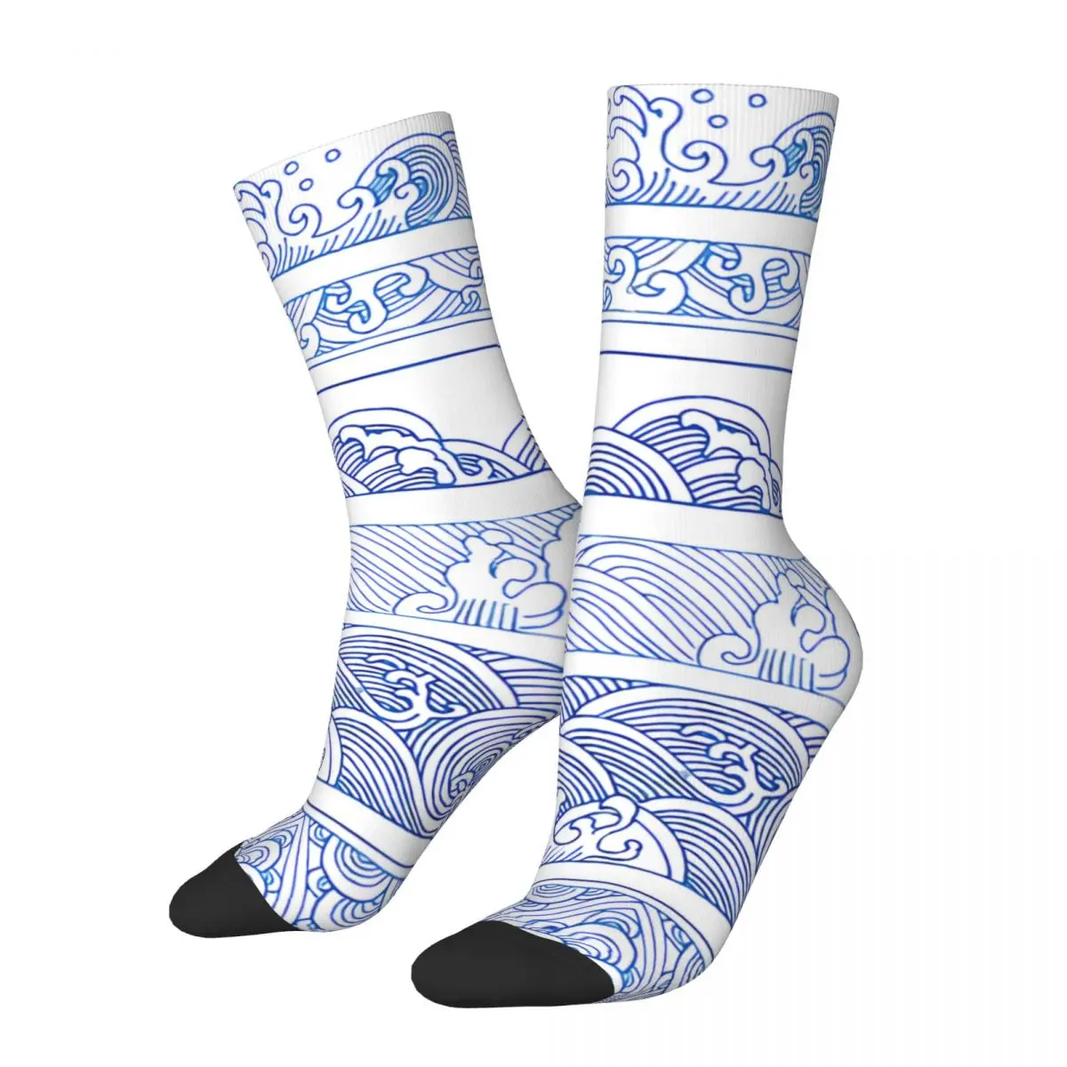 Funny Happy Sock for Men Blue Wave Of Kanagawa Vintage Japanese Wave Quality Pattern Printed Crew Sock Seamless Gift