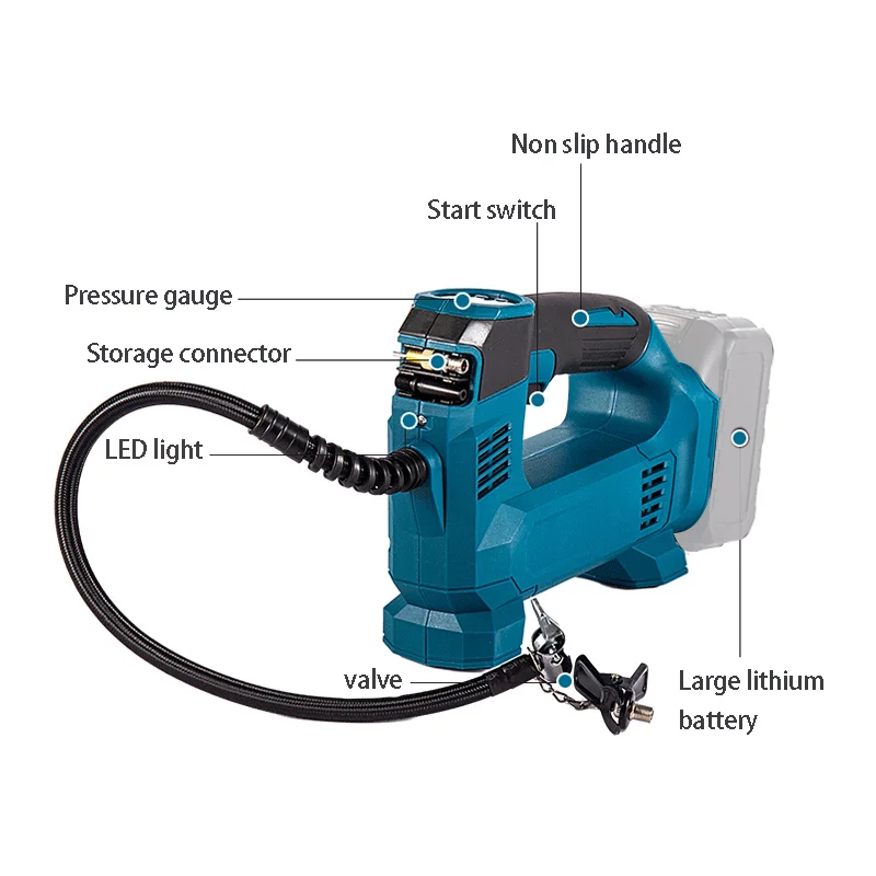 Imagem -05 - Bomba de ar Carro Bicicleta Pneus Bolas Portátil sem Fio Recarregável Carro Pneu Inflator Compressor de ar para Makita 18v Bateria de Lítio