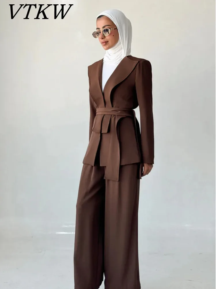 

VTKW 2025 Spring Summer Women’s Elegant Designer Two-Piece Set Cropped Blazer Top High Waisted Wide Leg Pants Fashionable Outfit