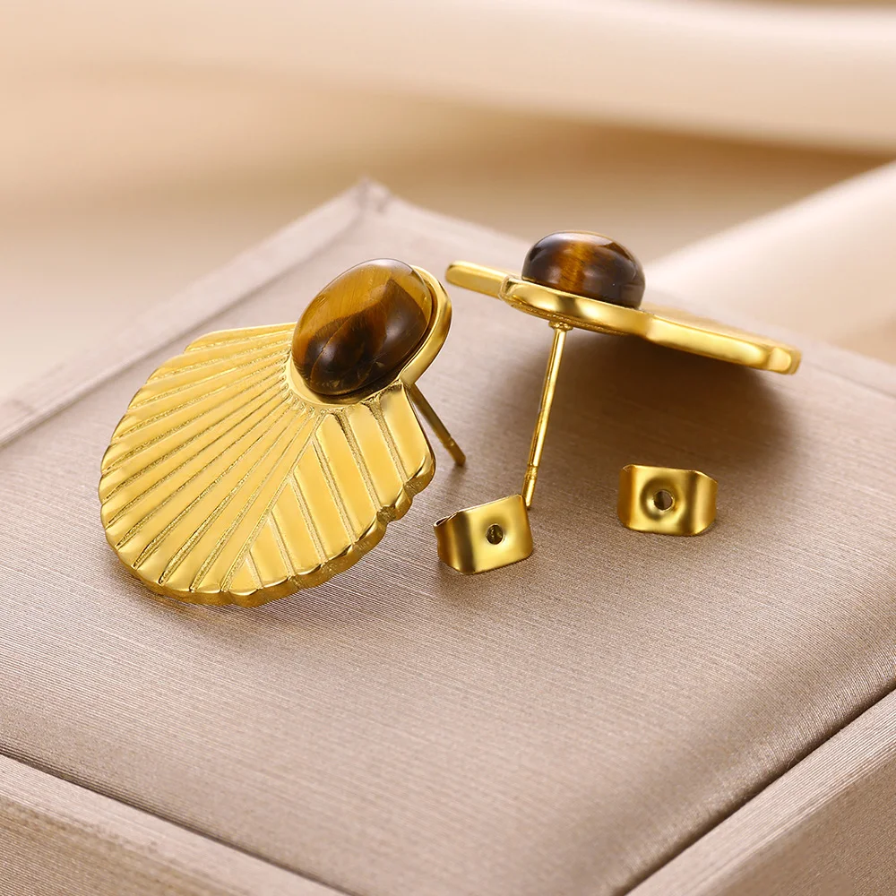 Stainless Steel Shell Fan-Shaped Stud Earrings For Women Irregular Oval Stone Earring Vintage Charm Gold Color Jewelry Gifts